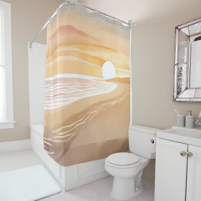 Beach Sunset Watercolor | Beautiful Yellow Shower Curtain (In Situ)