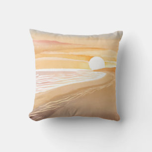 Beach Sunset Watercolor Beautiful Yellow Throw Pillow