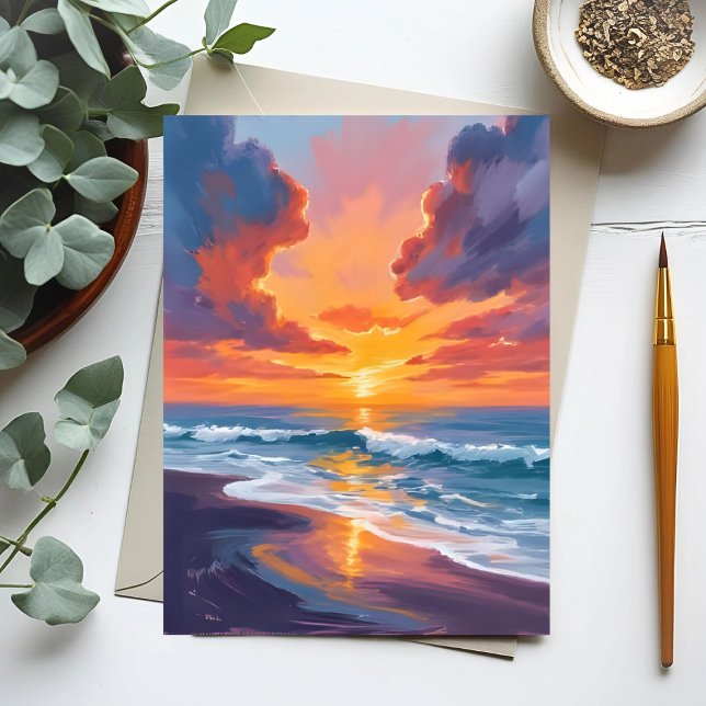 Beach Sunset Watercolor Ocean Painting Postcard (Creator Uploaded)
