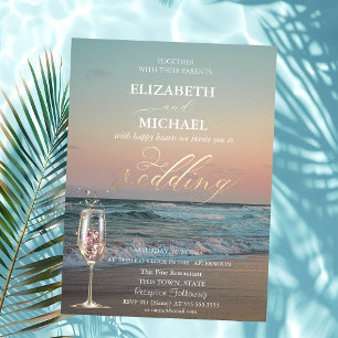 Beach Sunset,Waves,Champagne Glass Gold Wedding Invitation