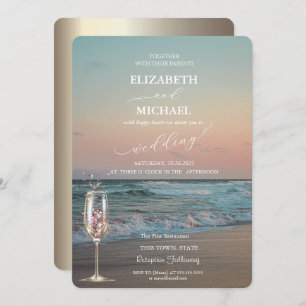 Beach Sunset,Waves,Champagne Glass Script Wedding Invitation