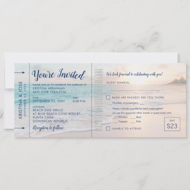 Beach Sunset Wedding Boarding Pass + RSVP  Invitation (Front)