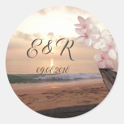 Beach Sunset Wedding Plumeria Classic Round Sticker