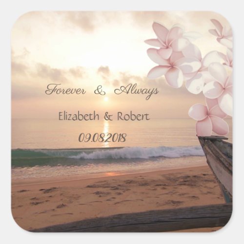 Beach Sunset   WeddingPlumeria Square Sticker