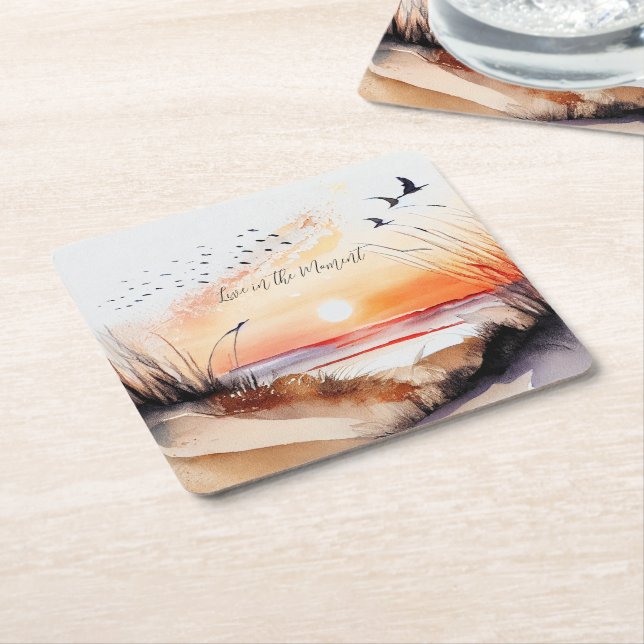 Beach Sunset with Birds Square Paper Coaster (Angled)
