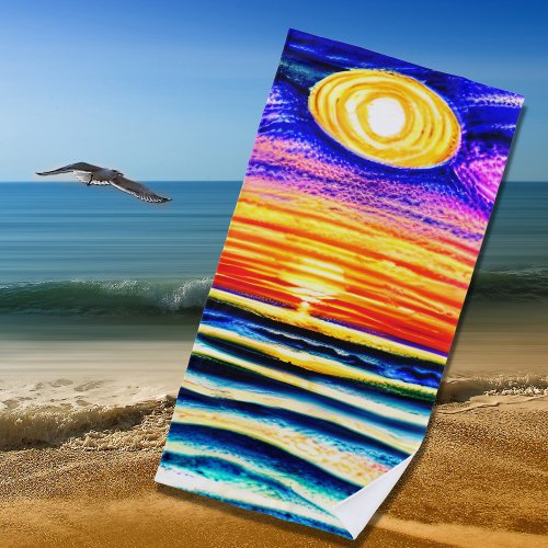 Beach Sunset with Waves  Sun Orange  Blues Beach Towel