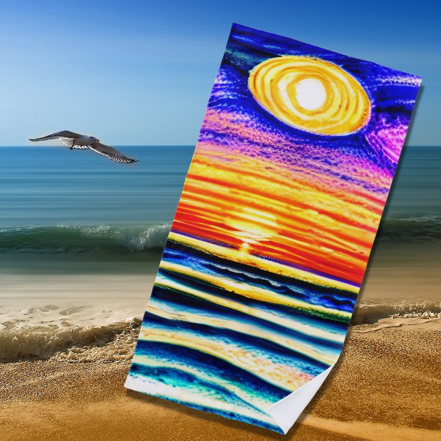 Beach Sunset with Waves & Sun, Orange & Blues Towel (Creator Uploaded)