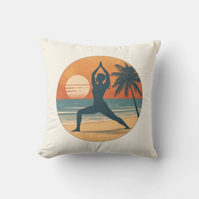 Beach Sunset Yoga Silhouette | Reversible Coastal Throw Pillow (Front)
