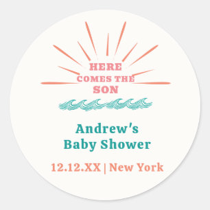 Beach Sunshine Here Comes The Son Baby Shower Classic Round Sticker