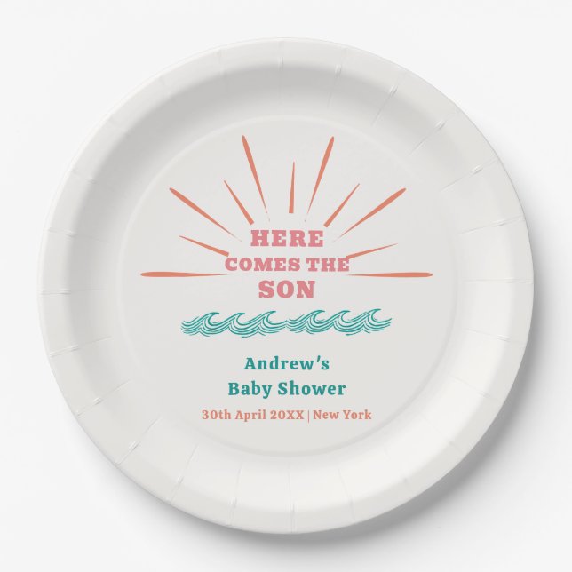Beach Sunshine Here Comes The Son Baby Shower  Paper Plates (Front)