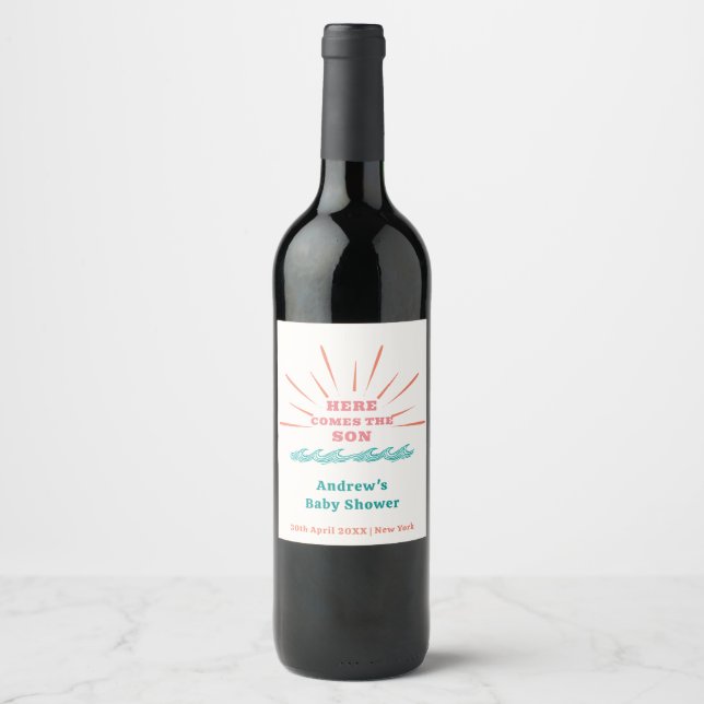 Beach Sunshine Here Comes The Son Baby Shower  Wine Label (Front)