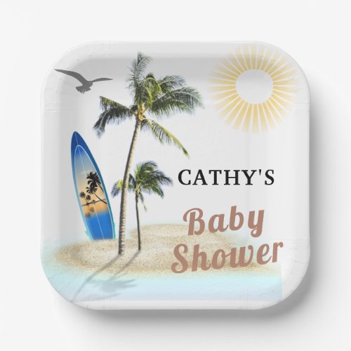 Beach Surf Baby Shower 7 Square Paper Plate