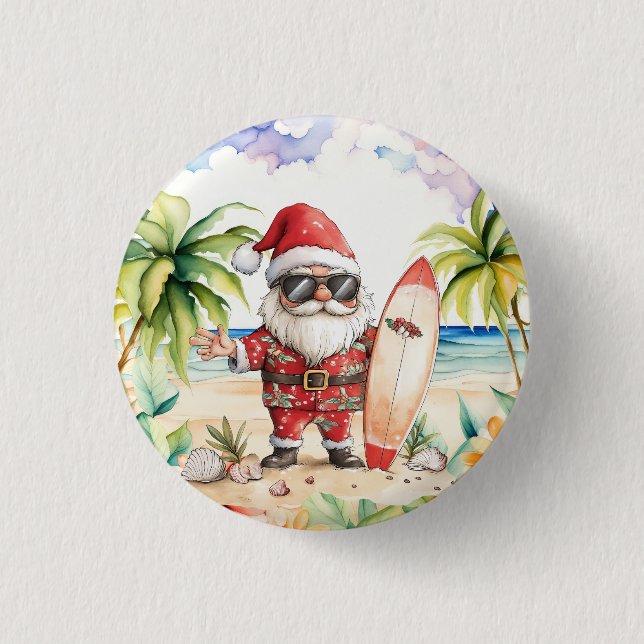 Beach Surf Christmas Party with Santa Claus  Button (Front)