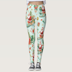 Beach Surf Christmas Party with Santa Claus Leggings