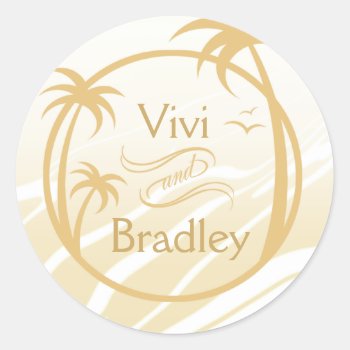 Beach Surf Palm Logo | Sand Classic Round Sticker by glamprettyweddings at Zazzle