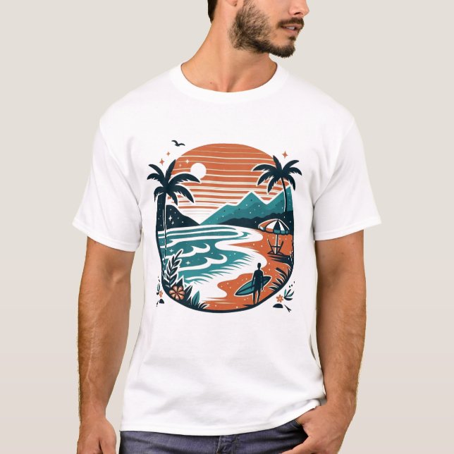Beach Surf Retro Sunset & Palm Trees T-Shirt (Front)