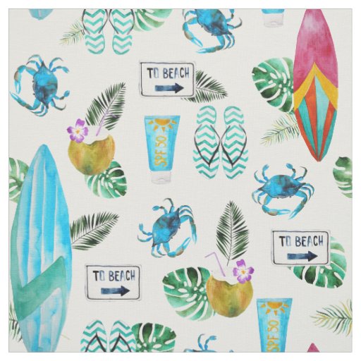 Beach Surfboard summer flip flops watercolor Fabric