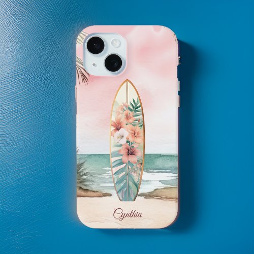 Beach Surfboard Tropical Flowers Island Monogram iPhone 15 Case