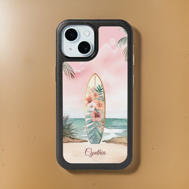 Beach Surfboard Tropical Flowers Island Monogram iPhone 15 Case (Creator Uploaded)