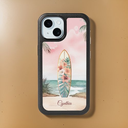 Beach Surfboard Tropical Flowers Island Monogram iPhone 15 Case