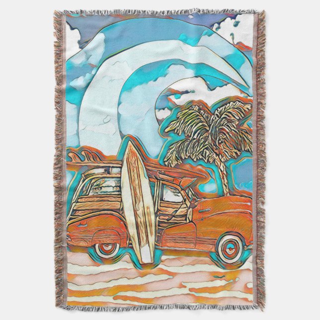 Beach Surfboards Woodie Throw Blanket (Front Vertical)