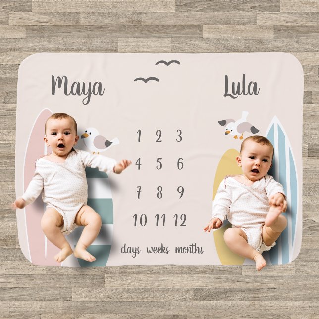 Beach Surfer Twins Milestone Baby Blanket (Creator Uploaded)