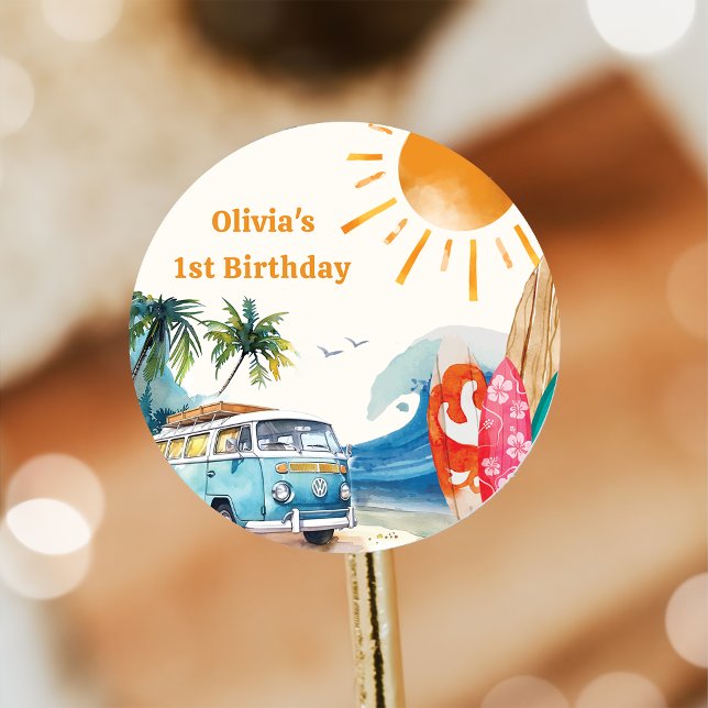 Beach Surfing Birthday Party   Classic Round Sticker (Creator Uploaded)