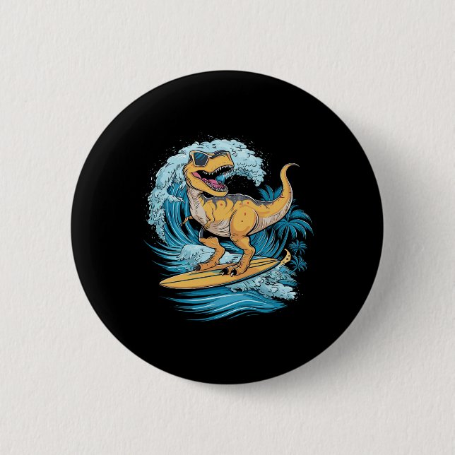 Beach Surfing Dinosaur T-rex Surfer  Button (Front)
