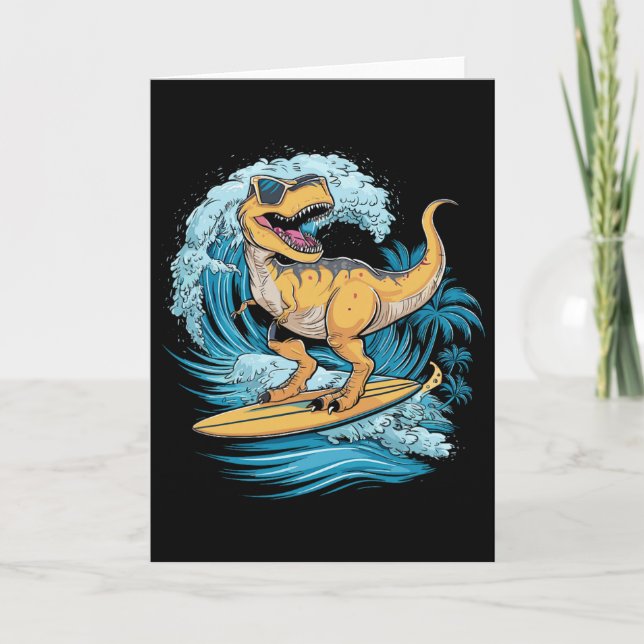 Beach Surfing Dinosaur T-rex Surfer  Card (Front)