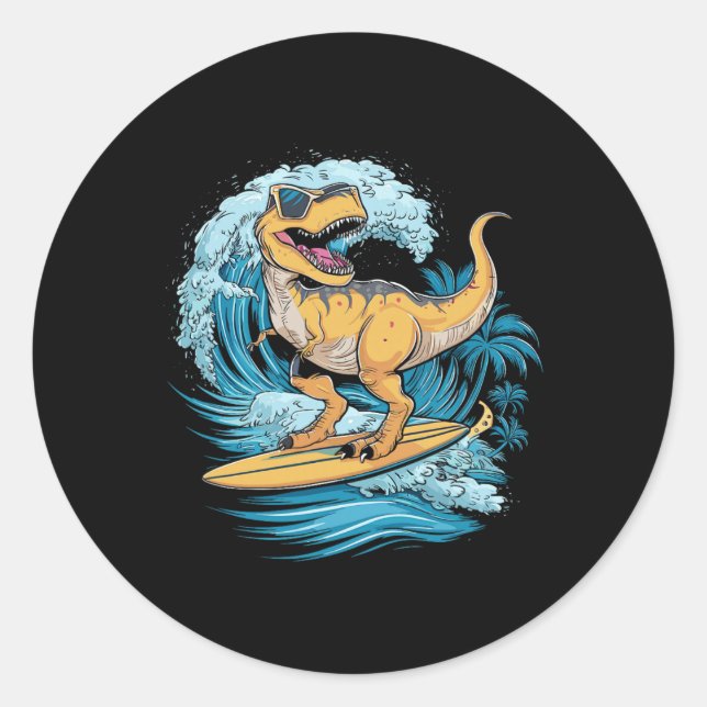 Beach Surfing Dinosaur T-rex Surfer  Classic Round Sticker (Front)