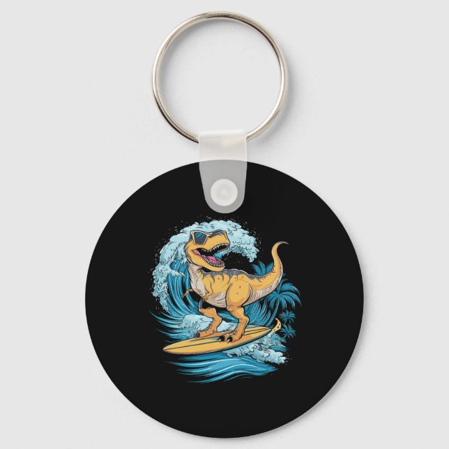 Beach Surfing Dinosaur T-rex Surfer  Keychain (Front)