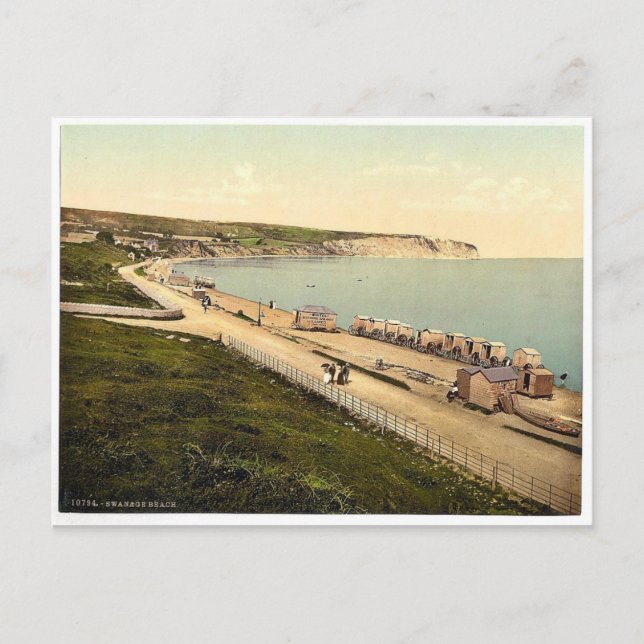 Beach, Swanage, England rare Photochrom Postcard (Front)