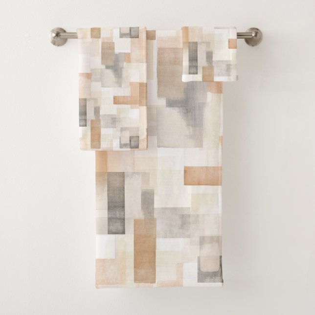 Beach Tan Neutral Geomeric Square Bath Towel Set (Insitu)