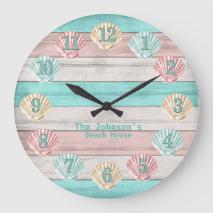 Beach Teal and Coral Seashells Large Clock
