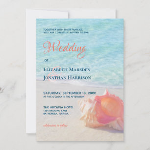 Beach Teal & Coral Conch Shell Destination Wedding Invitation