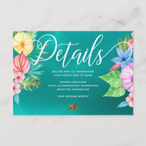 Beach teal tropical luau wedding guest details enclosure card