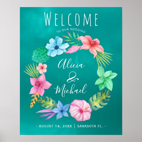 Beach teal tropical wreath wedding welcome sign