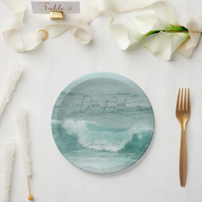 Beach Teal White Nautical Ocean Waves Paper Plates (Wedding)