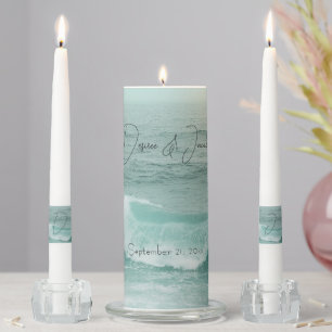 Beach Teal White Nautical Ocean Waves Unity Candle Set