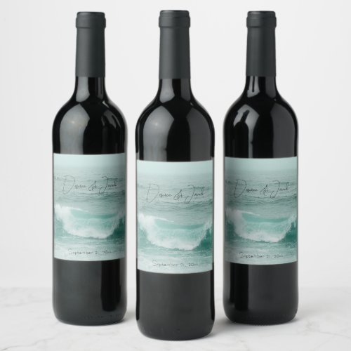 Beach Teal White Nautical Ocean Waves Wine Label
