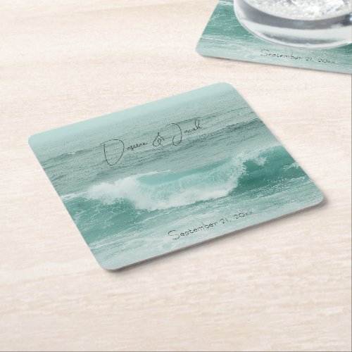 Beach Teal White Ocean Waves Nautical Square Paper Coaster