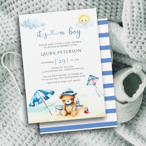 Beach Teddy Bear Sun Watercolor Boy Baby Shower Invitation