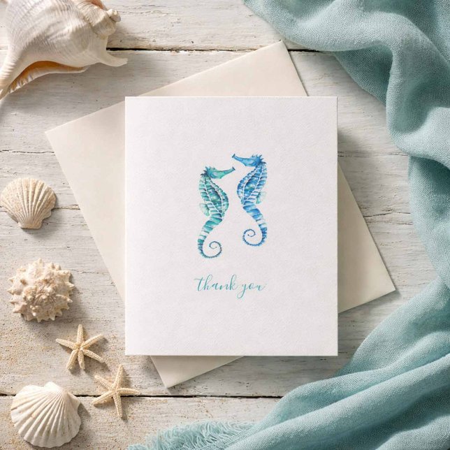 Beach Thank You Cards Blue Seahorses (Beach Wedding thank you cards folded watercolor blue seahorses Victoria Grigaliunas Do Tell A Belle)