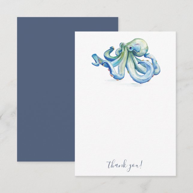 Beach Thank You Cards Blue Watercolor Octopus (Front/Back)