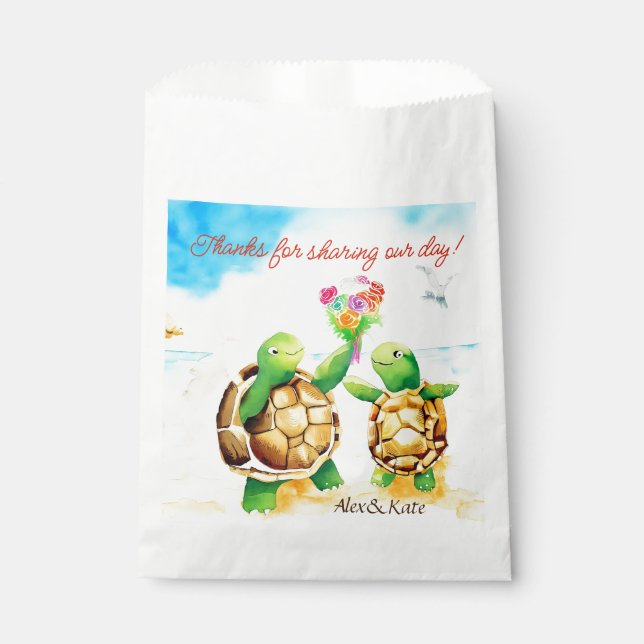 Beach Thank You, Cute Turtle Couple Wedding Favor Bag (Front)