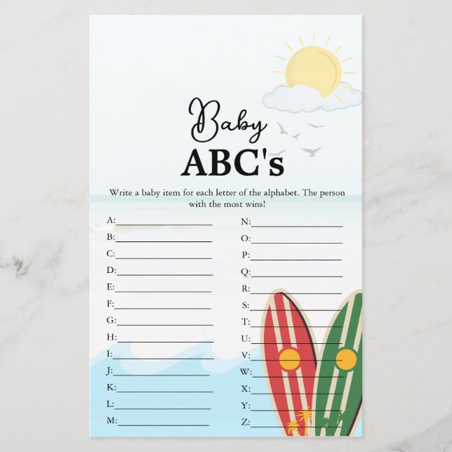 Beach theme Baby Abc's baby shower game (Front)