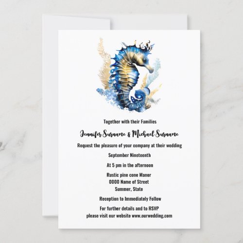 Beach theme  blue gold seahorse white coral invitation
