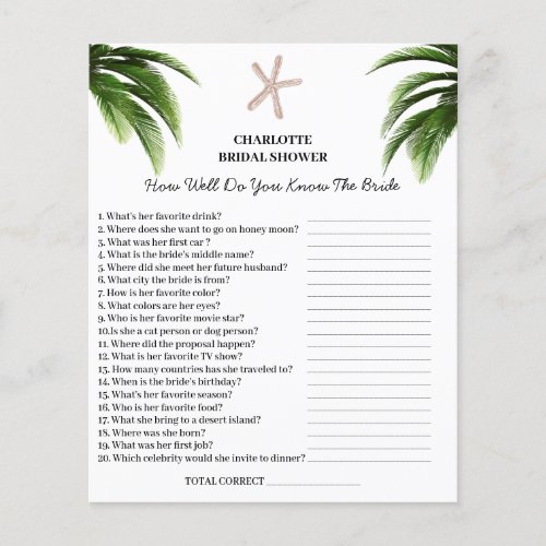  Beach Theme Bridal Shower Trivia Question Flyer