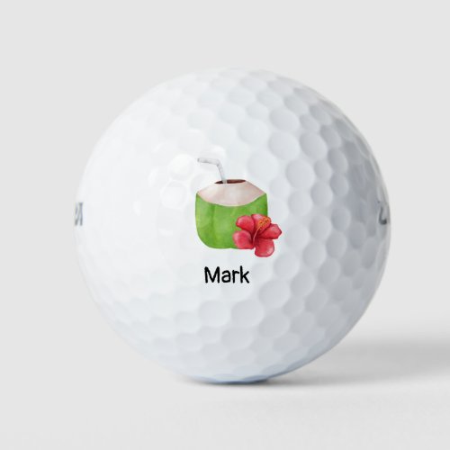 Beach Theme Coconut with Hibiscus Hawaii Flower  Golf Balls