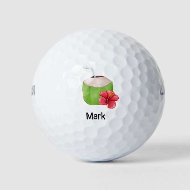 Beach Theme Coconut with Hibiscus Hawaii Flower  Golf Balls (Front)
